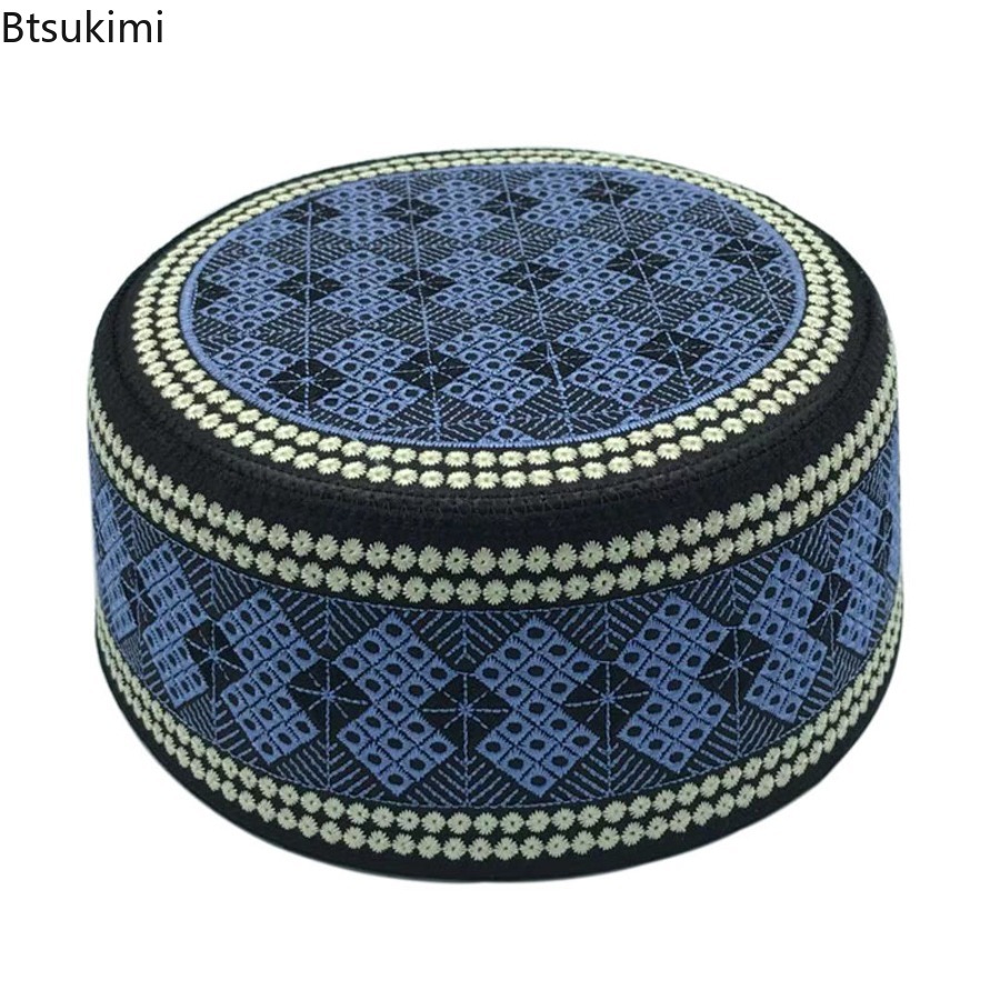 Embroidery Hat Machine - ヴィンテージ刺繍入りヒジャブ男性用礼拝帽インドターバン帽子大人用通気性クフィ丸帽子アラビアイスラム服ムスリムキャップ