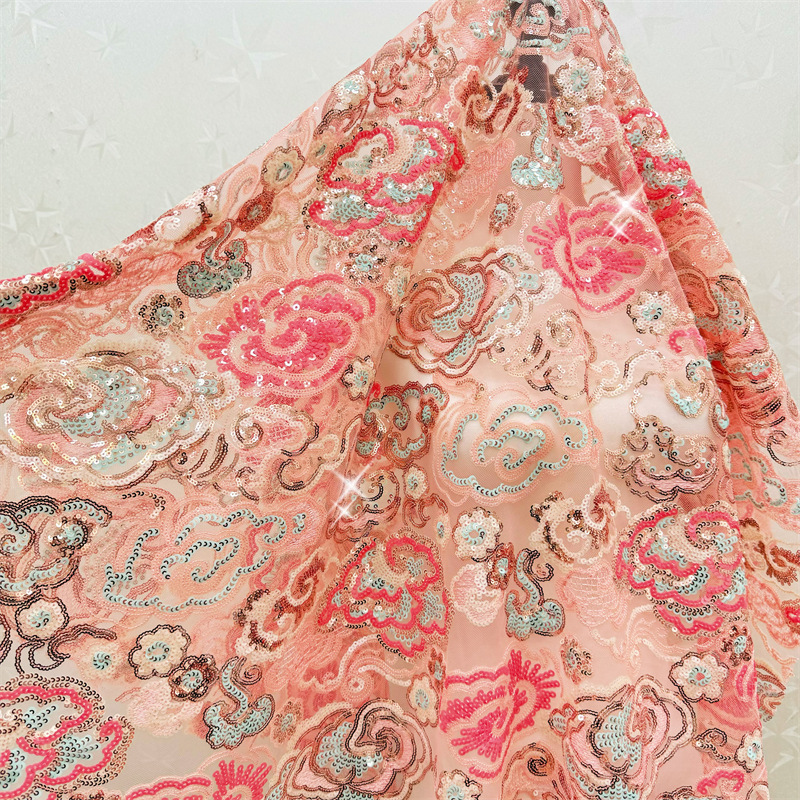 Embroidery Wedding - 2 ヤード/ロット 130 センチメートル幅ピンク紫花柄刺繍スパンコールレース生地メッシュブライダルウェディングドレスガウン刺繍素材 F088