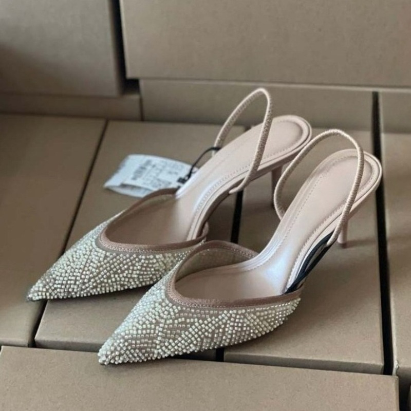 Embroidery Wedding - 秋の高級婦人靴 パンプス メッシュ刺繍 ビーズ ポインテッドトゥ エレガント