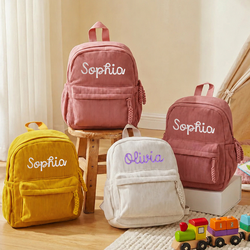 Embroidery Names - パーソナライズされたコーデュロイ幼児用バックパック カスタム名入りスクールバッグ 幼児へのギフト 新学期ギフト 子供へのギフト 幼稚園バッグ