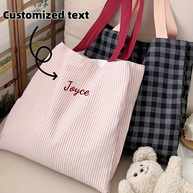Embroidery Names - カスタム名刺繍トートバッグ女性ストライプチェック柄キャンバスショルダーバッグカジュアルショッピングハンドバッグ学生韓国スタイルファッションギフト