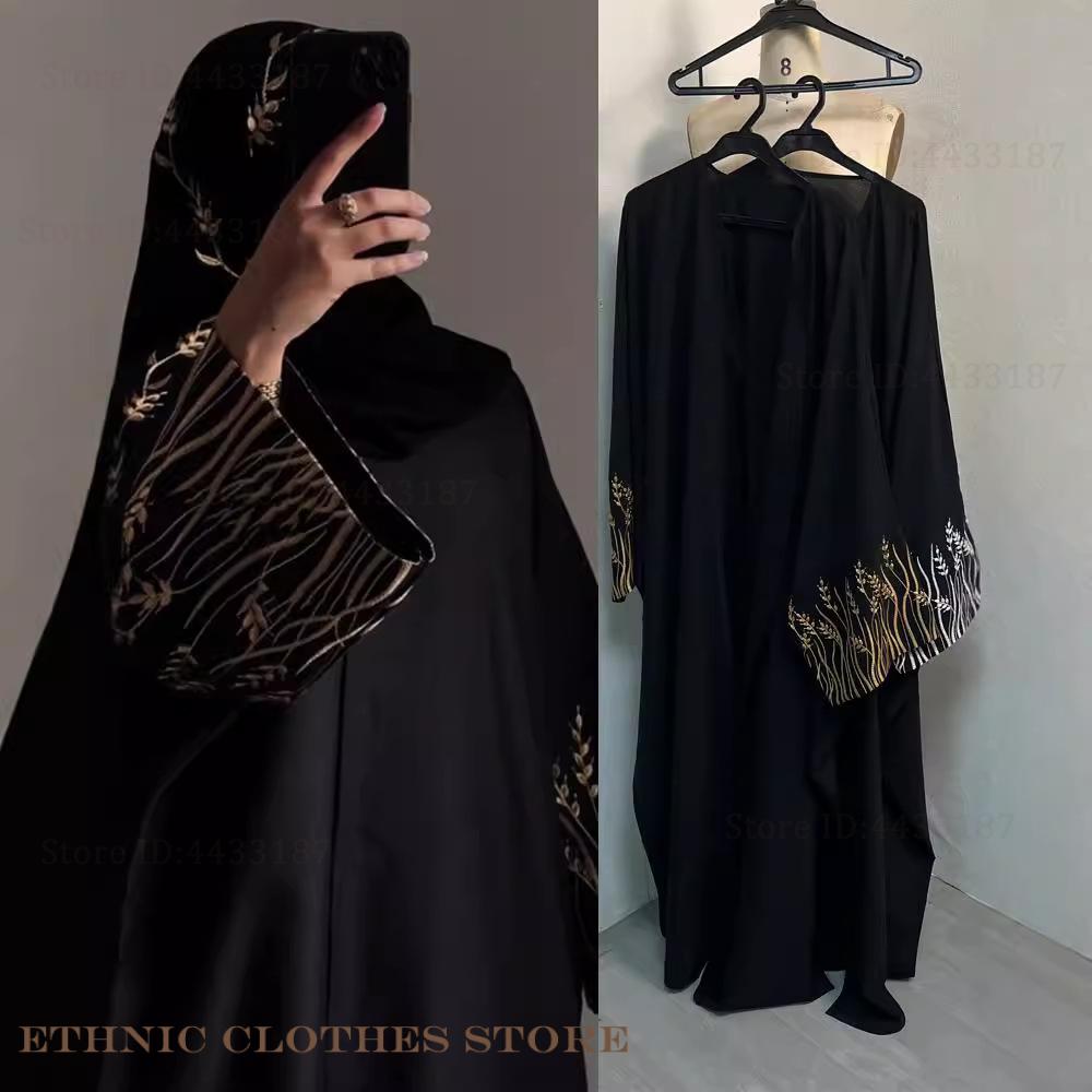 Embroidery Kaftan - ムスリム女性用ドレス エレガントな黒の刺繍アバヤ ロングローブ ドバイ 高級 イード