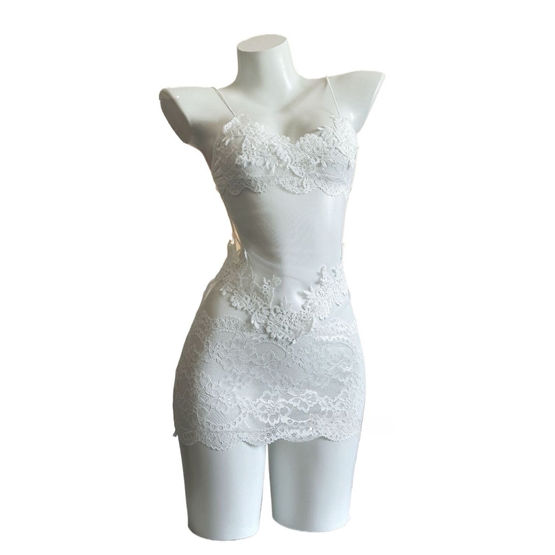 Embroidery Underwear - セクシーなレース刺繍ストラップレスドレス女性メッシュシースルー寝間着背中の開いた下着ロールプレイ衣装女の子中空ランジェリー