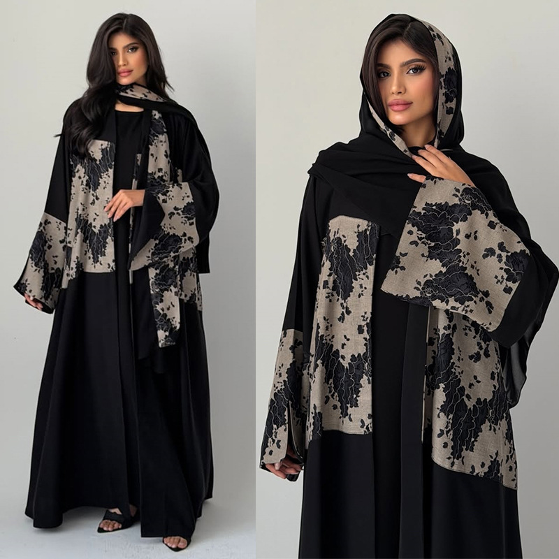 Embroidery Kaftan - 女性用イード・アバヤ・ヒジャブ2ピースセット、レースオープンワンピース、スカーフ、パッチワーク・ジャラビーヤ、ドバイ・ムスリム・カフタン・カーディガン、ラマダン、モロッコ、アラブ