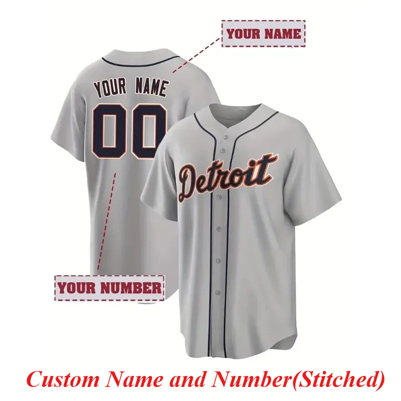 Embroidery Names - カスタマイズされた名前と番号メンズ刺繍野球ジャージデトロイトグレー V ネックパーソナライズ半袖ボタンダウン DIY シャツ