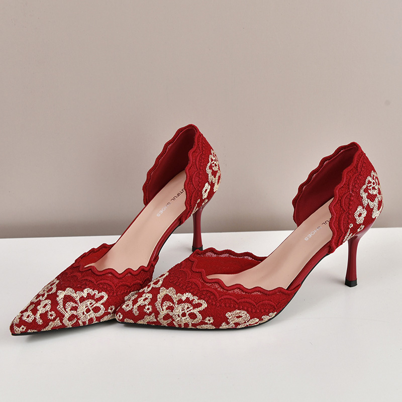 高級赤白レース刺繍ハイヒール花嫁靴女性ブランドデザインポイン - Embroidery Wedding のレビューと価格
