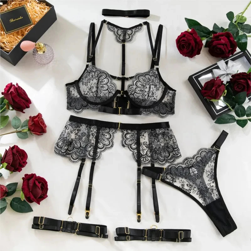 5点セット セクシー刺繍下着セット レディース メッシュパッ - Embroidery Underwear のレビューと価格