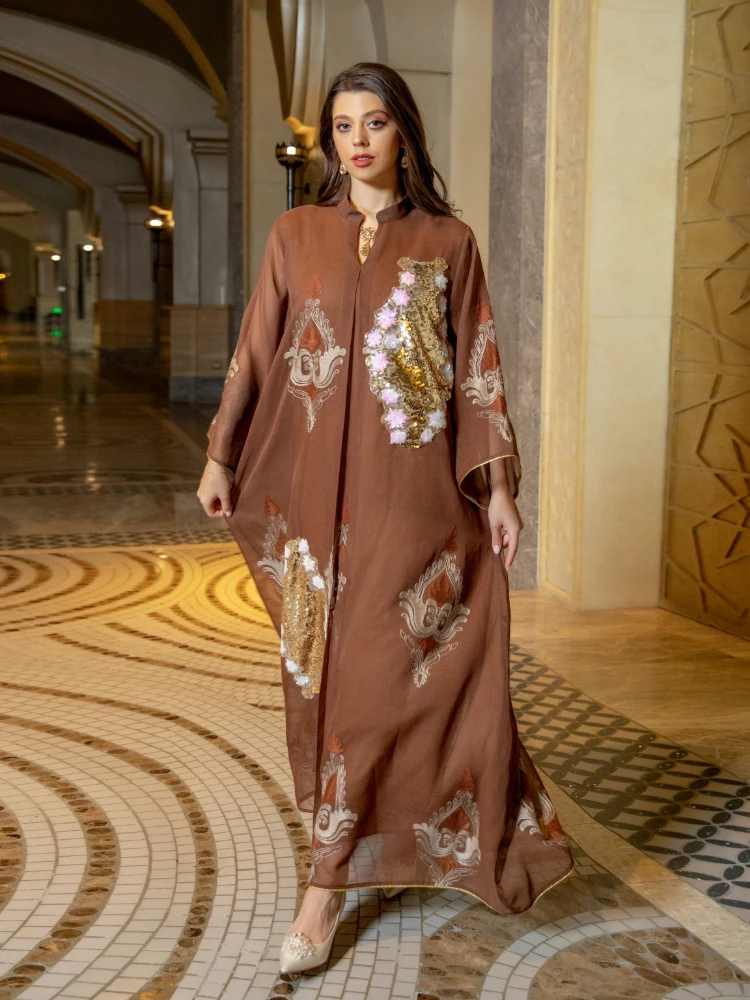 スパンコールのついた女性用スタンドカラー,イスラム教徒のアバ - Embroidery Kaftan のレビューと価格