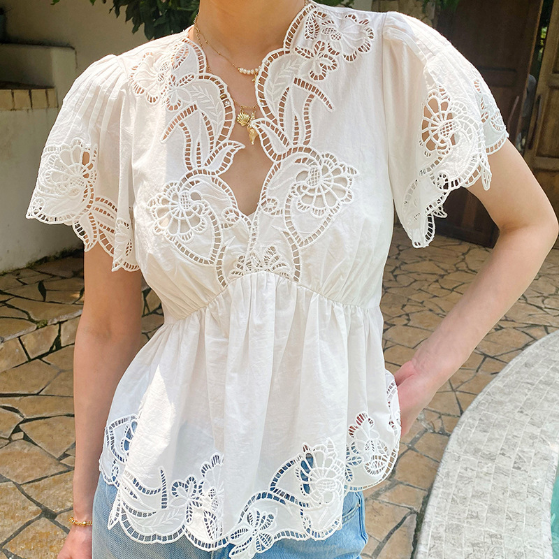 フレンチスタイル花柄アイレット刺繍ブラウスシャツ女性夏白綿  - Embroidery Eyelet のレビューと価格