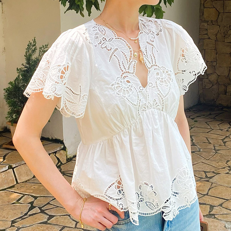 フレンチスタイル花柄アイレット刺繍ブラウスシャツ女性夏白綿  - Embroidery Eyelet のレビューと価格