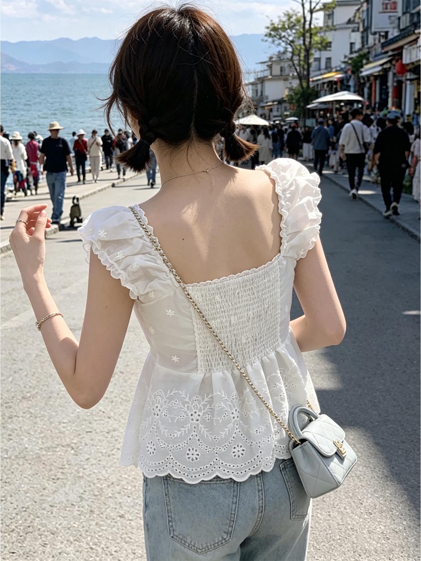 ホワイトフローラルアイレット刺繍フリルキャップスリーブスクエ - Embroidery Eyelet のレビューと価格
