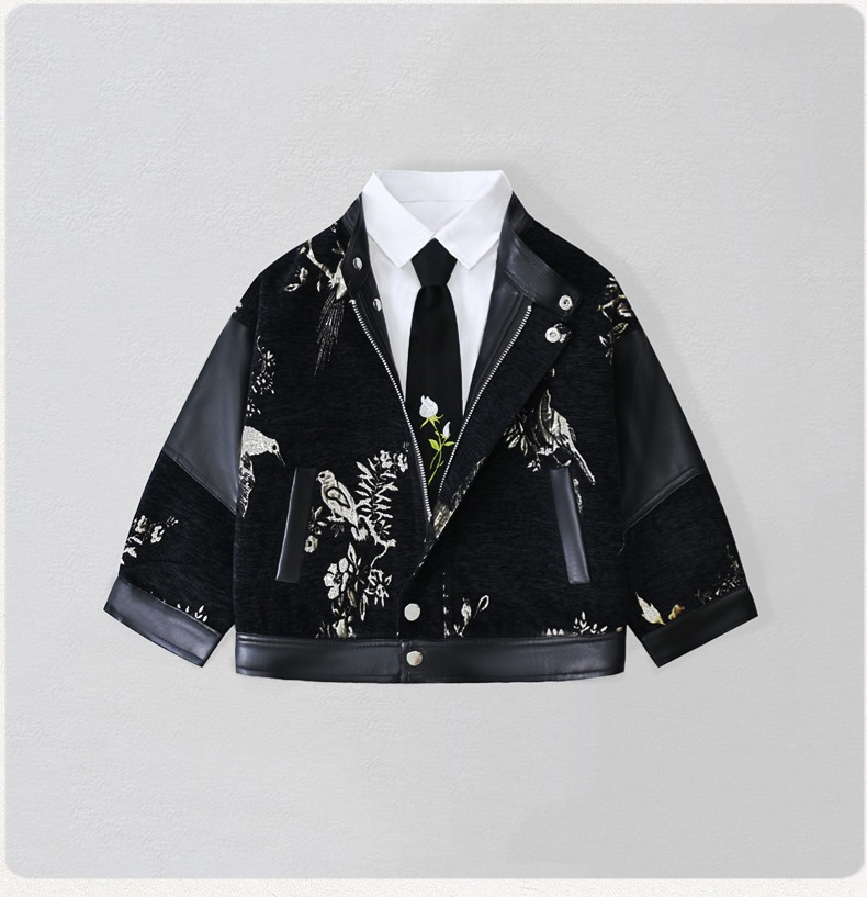 紳士風キッズ刺繍入りバイク用PUレザージャケット 男の子用  - Embroidery Wedding のレビューと価格