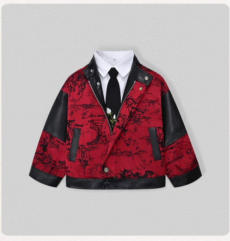 紳士風キッズ刺繍入りバイク用PUレザージャケット 男の子用  - Embroidery Wedding のレビューと価格