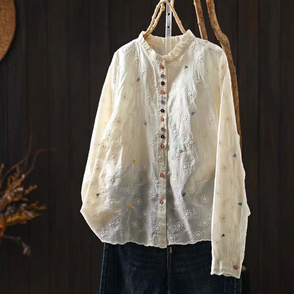 女性用フリルスタンドカラーブラウス、花柄アイレット刺繍長袖シ - Embroidery Eyelet のレビューと価格