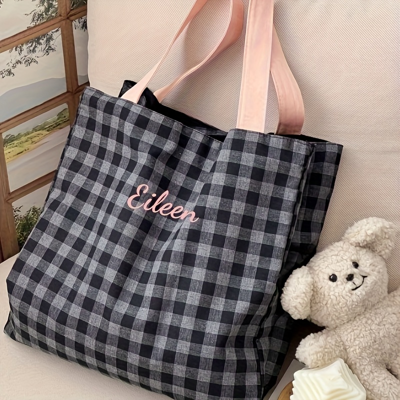 カスタム名刺繍トートバッグ女性ストライプチェック柄キャンバス - Embroidery Names のレビューと価格