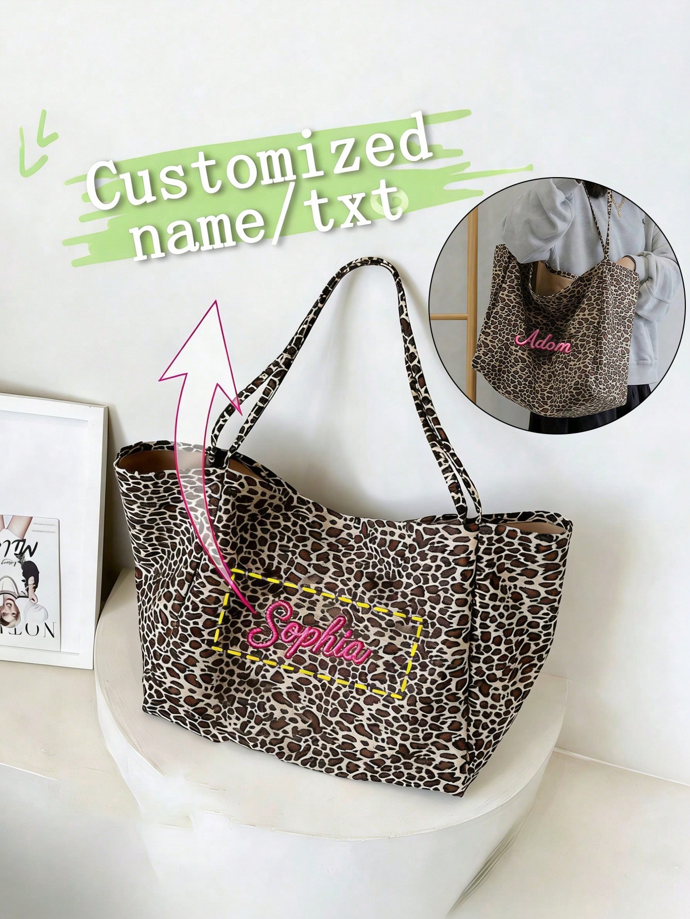 カスタム名ヒョウ柄トートバッグ女性大容量ショルダーバッグカジ - Embroidery Names のレビューと価格