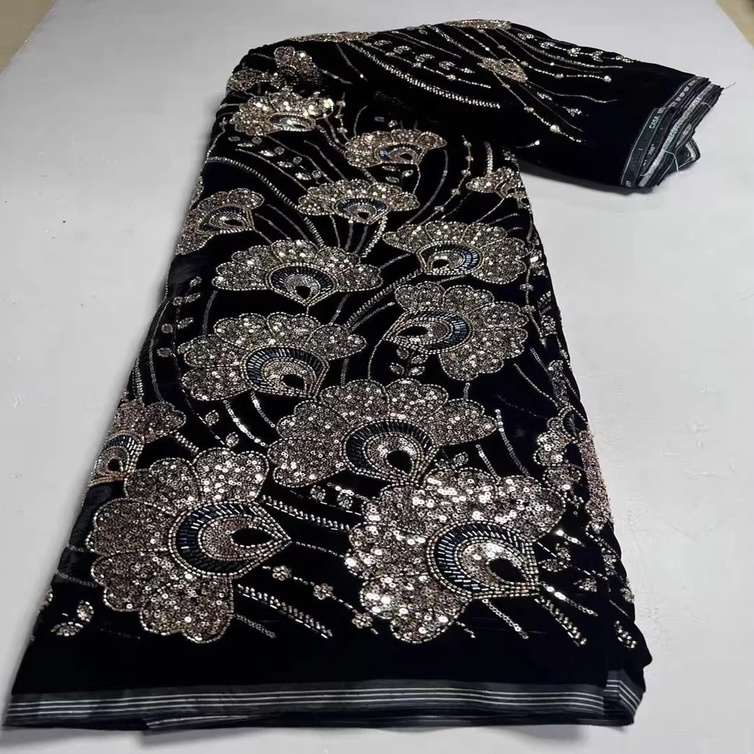 5ヤードの新しいベルベット生地、スパンコールビーズチューブ刺 - Embroidery Wedding のレビューと価格