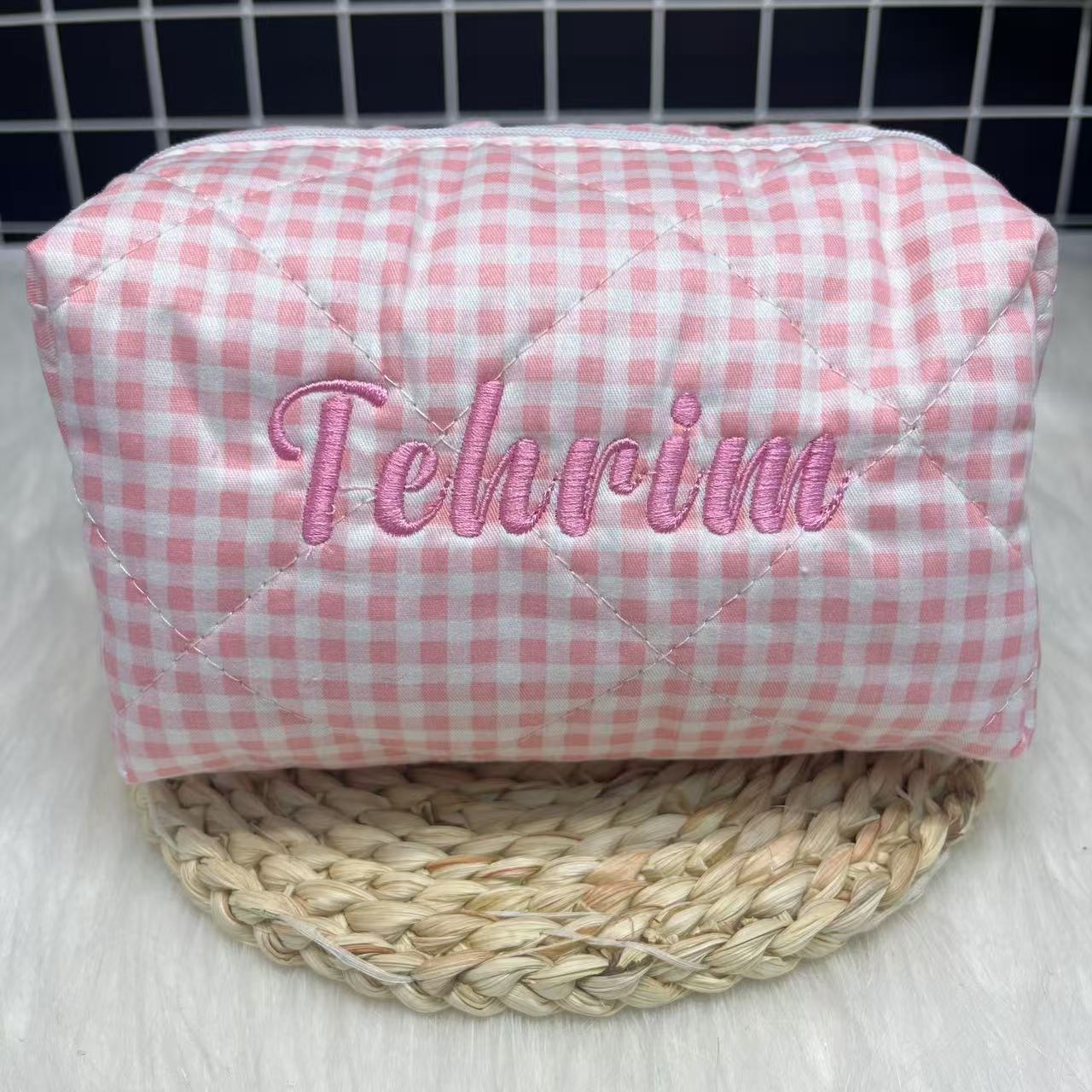 大容量ストライプ化粧品バッグ カスタムロゴと名前刺繍付き パ - Embroidery Names のレビューと価格