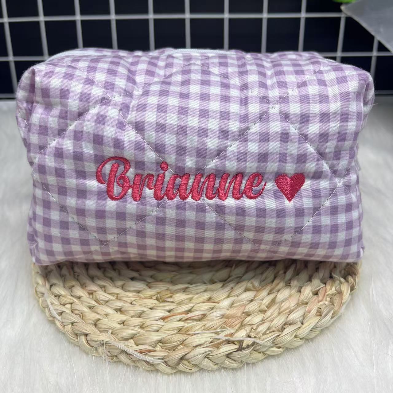 大容量ストライプ化粧品バッグ カスタムロゴと名前刺繍付き パ - Embroidery Names のレビューと価格