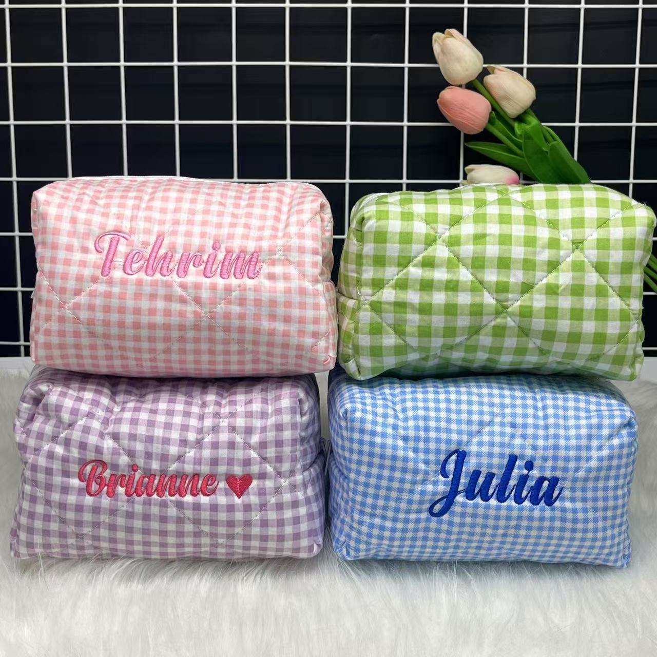 大容量ストライプ化粧品バッグ カスタムロゴと名前刺繍付き パ - Embroidery Names のレビューと価格