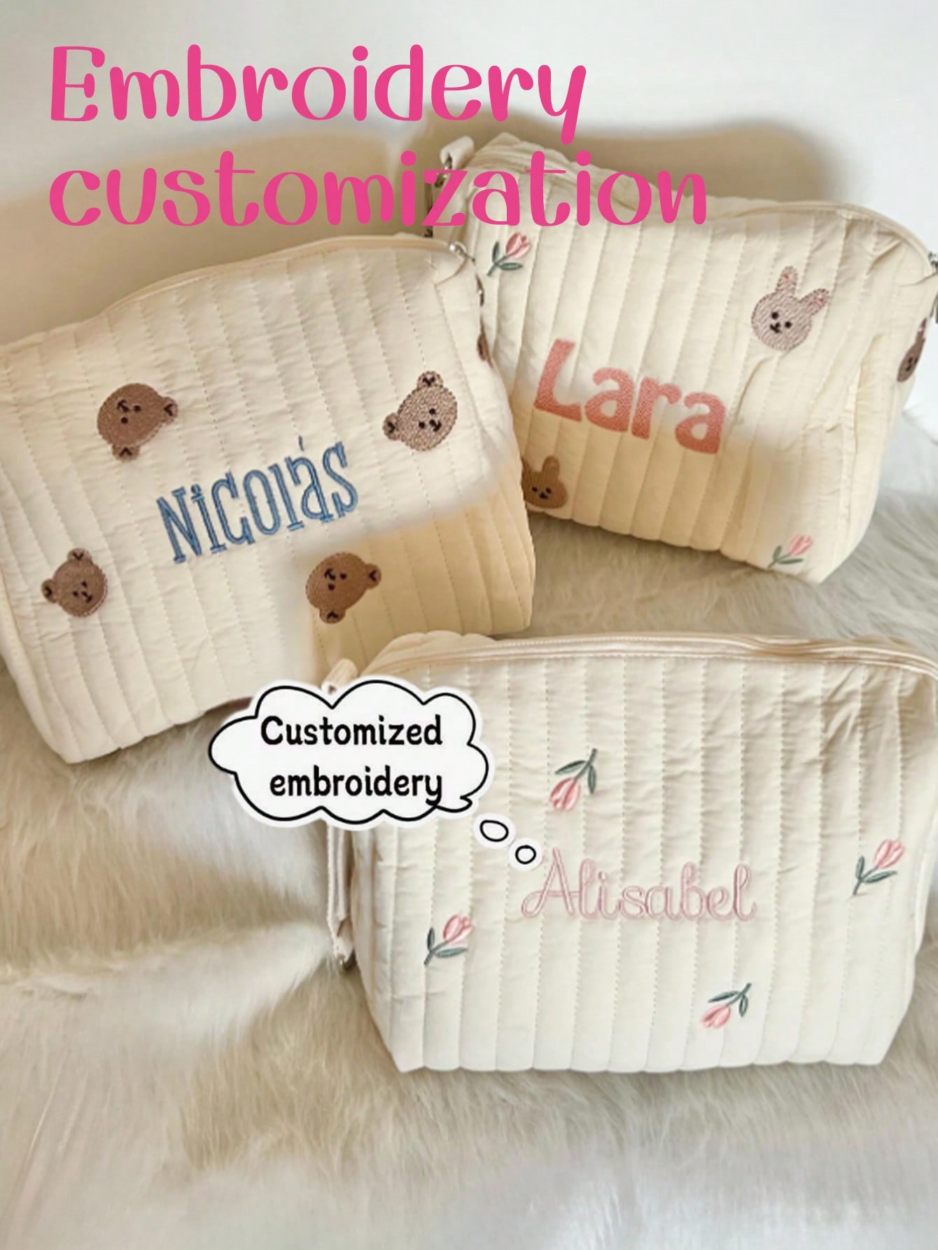カスタム名刺繍ベビーおむつバッグキルティング収納ポーチかわい - Embroidery Names のレビューと価格