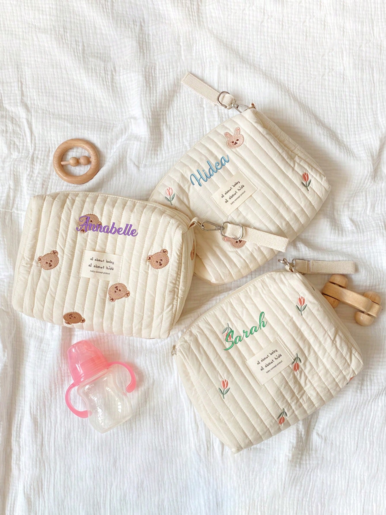 カスタム名刺繍ベビーおむつバッグキルティング収納ポーチかわい - Embroidery Names のレビューと価格